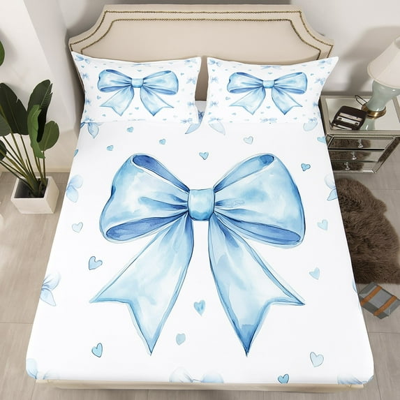 Cute Blue Bowknot Bedding Set Twin Size Teen Women,Kawaii Dreamy Bow Fitted Sheet Princess Style Blue White Heart Decor Bed Sheets Soft Breathable Sheets 2 Pcs