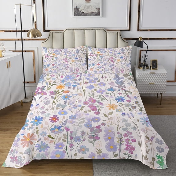 YST Cute Blue Floral Queen Bedspread for Kids Girls Boys,Colorful Boho Flowers Quilt Bedding Set Rustic Country Home Decor,Watercolor Flower Quilt Bed Set Wildflower Coverlet Set 3Pcs