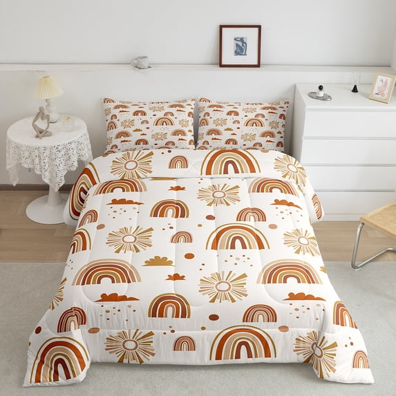 Cute Boho Rainbow Comforter Set Bohemian Clouds Sun Bedding Full, Cartoon Rainbow Stripes Bedding Comforters Breathable Soft Quilt Duvet with 2 Pillowcases, Orange Beige