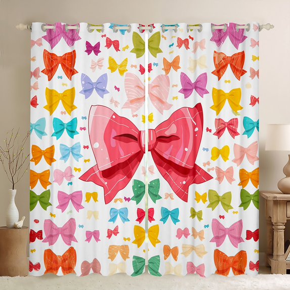 Cute Bow Knot 30%-50% Blackout Curtains 52"Wx84"L,Kawaii Simple Bows Curtains For Living Room,Cartoon Ribbon Printed Thermal Curtains & Drapes,Pink Yellow Colorful Window Treatments