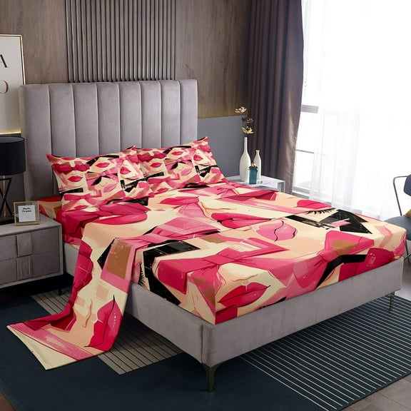 YST Cute Bow Knot Queen Size Sheet Sets 4pcs, Sexy Lips Mouth Eyes Bed Sheets Set For Bedroom, Cartoon Bows Printed Kids Adults Soft Bed Set, Black Pink Romantic Bedroom Decor Bedding Set