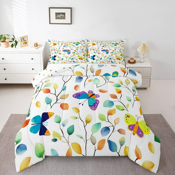 Cute Butterfly Queen Bedding Sets Chic Elegant Floral Comforter Set, Wild Animal Down Comforter Watercolor Leaves Bedding Comforter Sets, Tropical Plant Duvet Insert