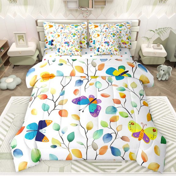 Erosebridal Cute Butterfly Twin Comforter Set 7pcs Chic Elegant Floral Bedding Comforter Sets, Wild Animal Bed in a Bag Watercolor Leaves Bedding Set, Tropical Plant Bed Sheets Set