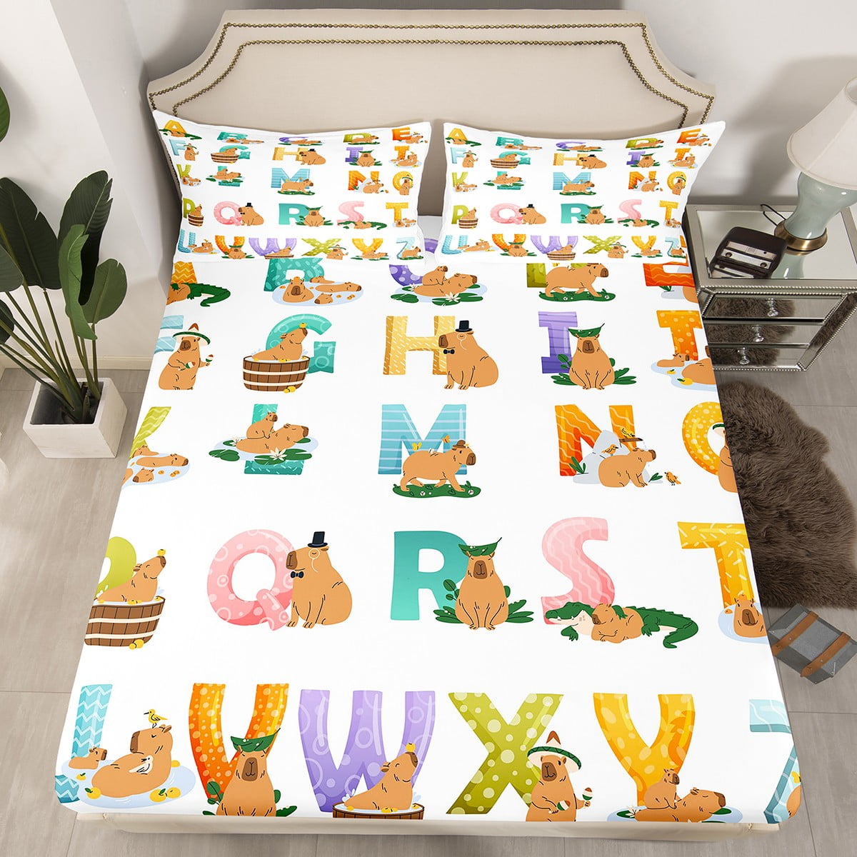 YST Cute Capybara Twin Sheets Funny Capybara Bed Sheets, Rainbow