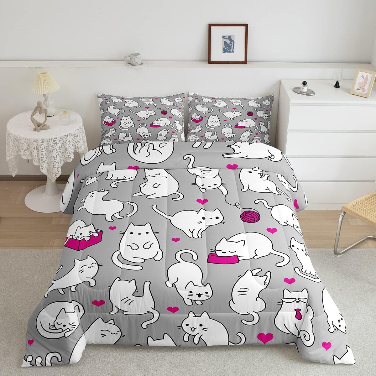 YST Cute Cat Bedding Set for Girls,Cartoon Cat Comforter Set Twin Size Pink Heart Quilt Duvet