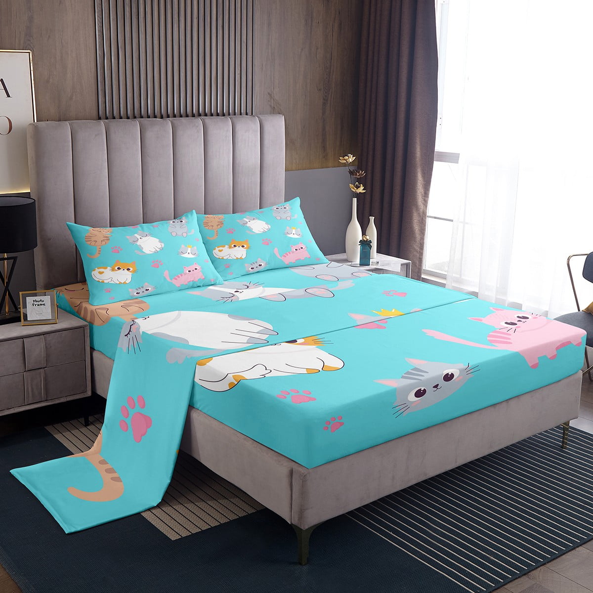 YST Cute Cat Bedding Set Kawaii Animal Queen Size Bed Sheets For Kids