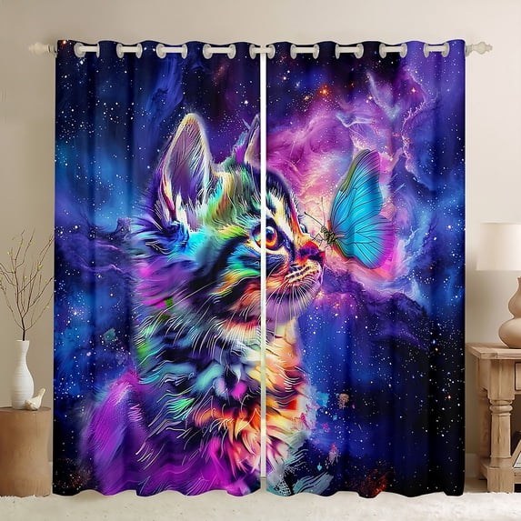 Cute Cat 30%-50% Blackout Curtains Purple Galaxy Curtains, Blue Butterfly Curtains & Drapes Kawaii Kitten Living Room Curtains, Univers Glitter Stars Window Curtains