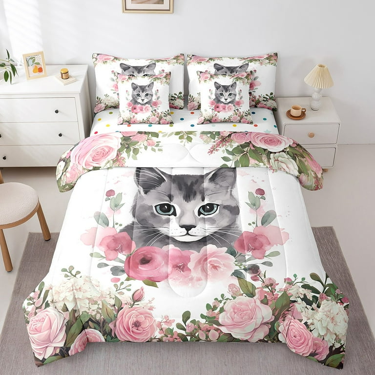 YST Cute Cat Queen Comforter Set 7 Piece Kitten Bedding Comforter Sets Animal Themed Bed in a Bag Colorful Flower Floral Bedding Set Pink Roses Bed