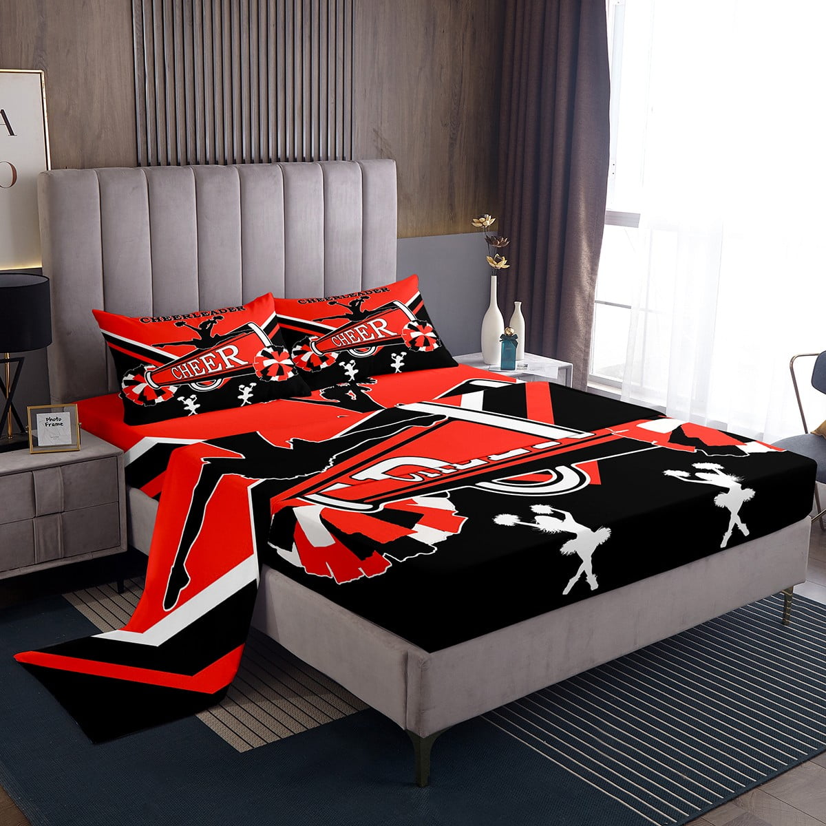 YST Cute Cheerleader Bed Sheets Set Black and Red Queen Sheet Set