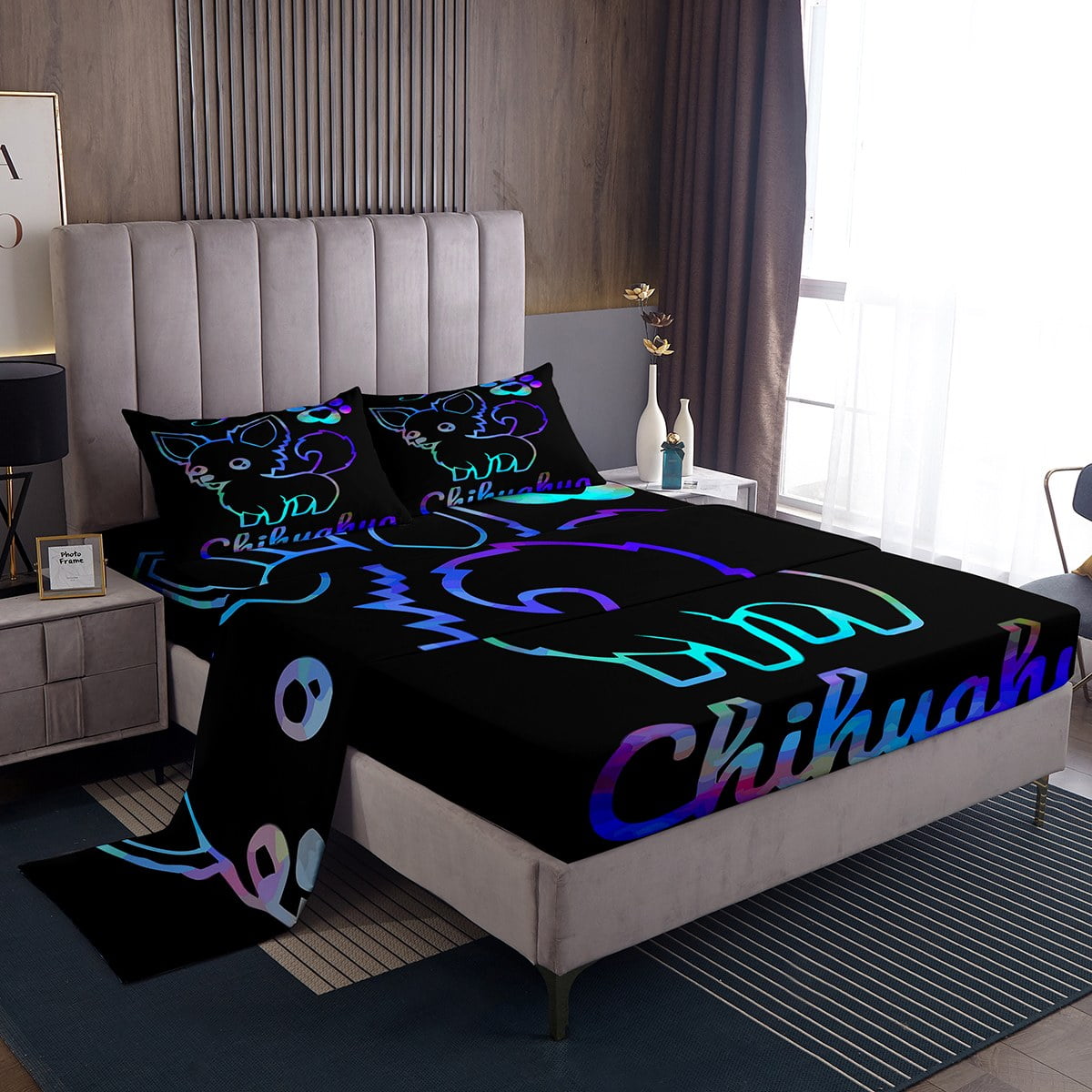 YST Cute Chihuahua King Sheet Set Kawaii Neon Dog Sheets, Black Navy Blue Purple Teal Glowing