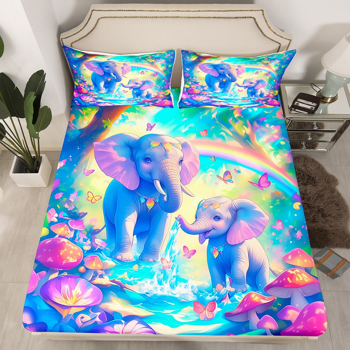 YST Cute Colorful Elephant Fitted Sheet Twin Size, Kawaii Rainbow