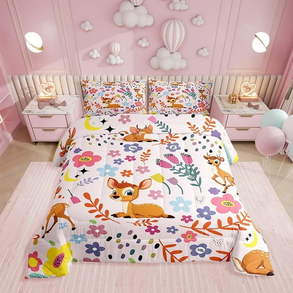 Cute Comforter Set ,Floral Deer Bedding for Full Bed,Colorful Vintage Deer Flower Tulip Down Alternative,Cartoon Duvet Insert with 2 Pillowcases