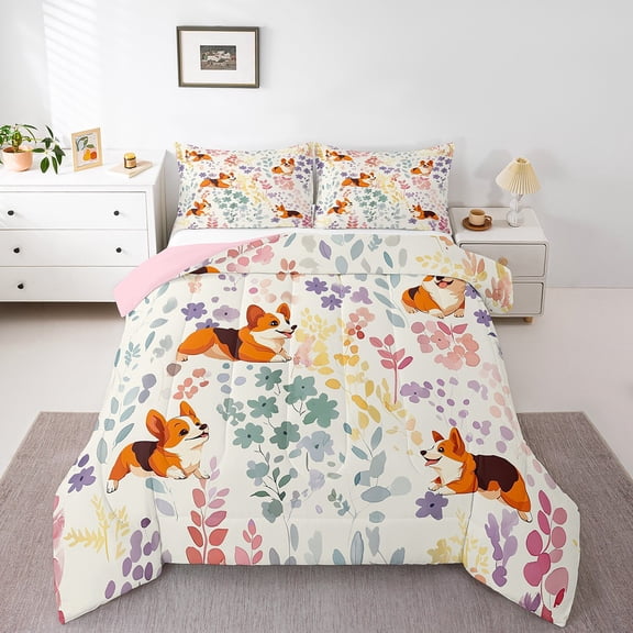 Cute Corgi Twin Comforter Set,Rainbow Flower Dog Kawaii Bedding Set Corgi Lovers Gifts,Colorful Floral Leaf Quilt Bed Set Animal Print Bed Comforter