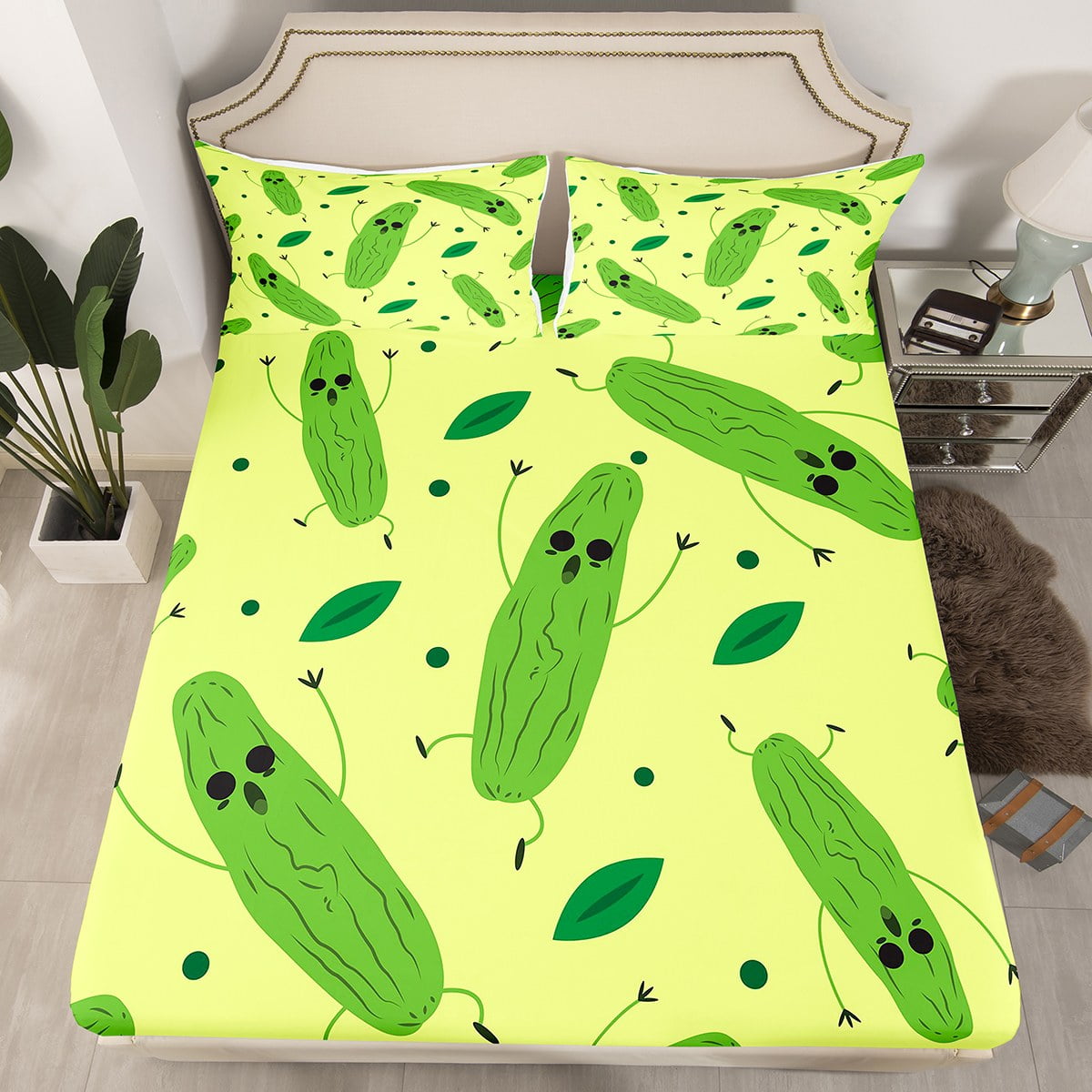 Erosebridal Pickle Cucumber Sheet Set - Green & Yellow Floral King Size Sheets For Pickle Lovers