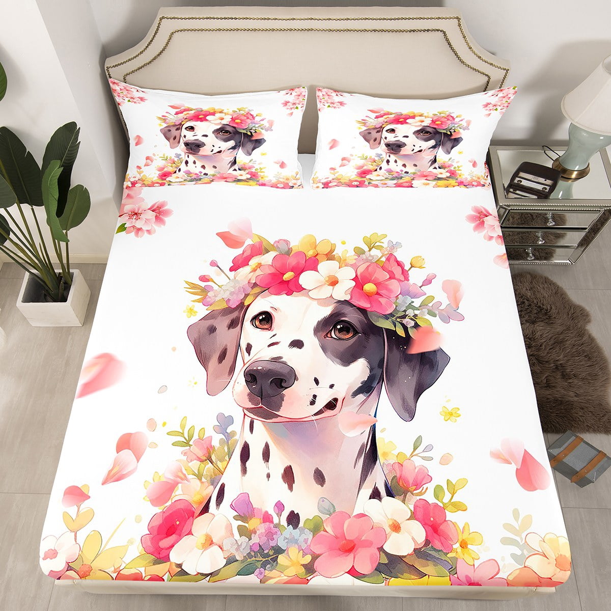 YST Cute Dalmatian Bed Sheets Cartoon Dog Kawaii Doggy Bedding Set Twin