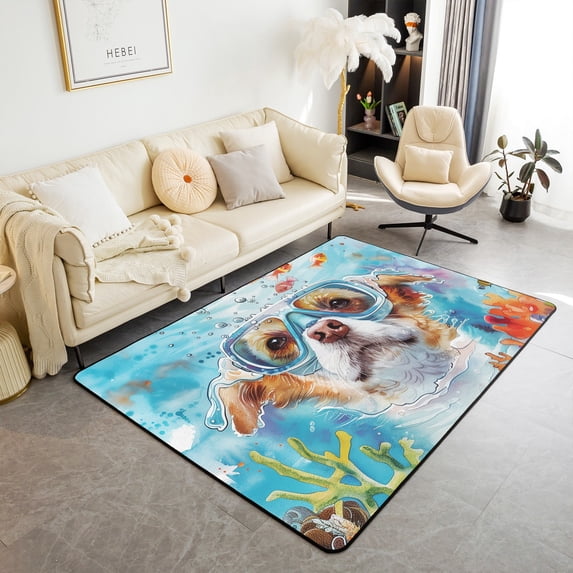 Erosebridal Cute Dog Carpet 3x5,Cartoon Swimming Puppy Area Rug,Coral Sea Turtle Fishes Decorative Accent Rug Teens Summer theme Indoor Floor Mat Room Decor