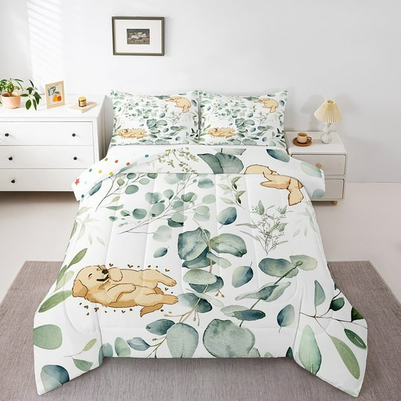 Cute Dog King Comforter Set Green Eucalyptus Bedding Set King, Kawaii Animal PetBedding Comforter Sets Plant Leaves Duvet Set, Cartoon Golden Retriever Quilted Comforter