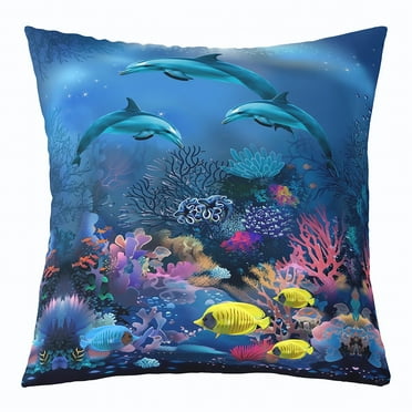 Cute Dolphin Throw Pillow Cover ,Tropical Yellow Fish Pillow Cover 18x18 Inch,Colourful Coral Seaweed Cushion Cover,Underwater World Decorative Pillow Cover