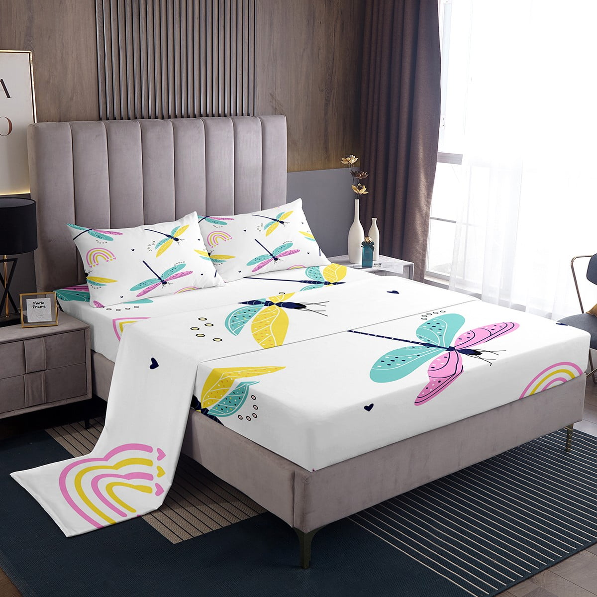 YST Cute Dragonfly Bed Sheets Set Boho Rainbow Sheets Bedroom Decor