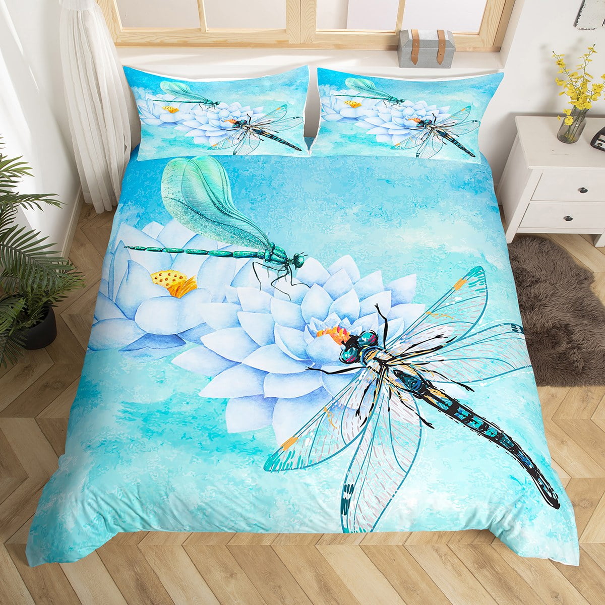 YST Cute Dragonfly Bedding Sets Twin Chic Lotus Floral Comforter Cover