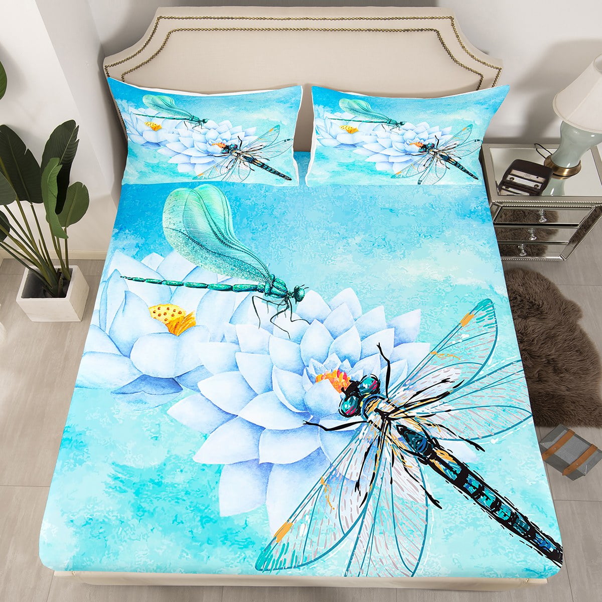 YST Cute Dragonfly Queen Fitted Sheet Chic Lotus Floral Sheets for