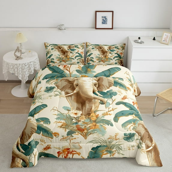 Cute Elephant Full Comforter Set Rainbow Floral Bedding Sets,Jungle Wildlife Down Comforter Green Leaves Quilt Set Animal Themed Bedding Comforters & Sets,Breathable
