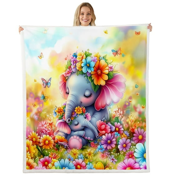Cute Elephant Throw Blanket Bed,Kawaii Animal Queen 90"X90" Sherpa Blanket Cartoon Flower Elephant Fleece Blanket Rainbow Floral Fuzzy Blanket Bedroom Decor