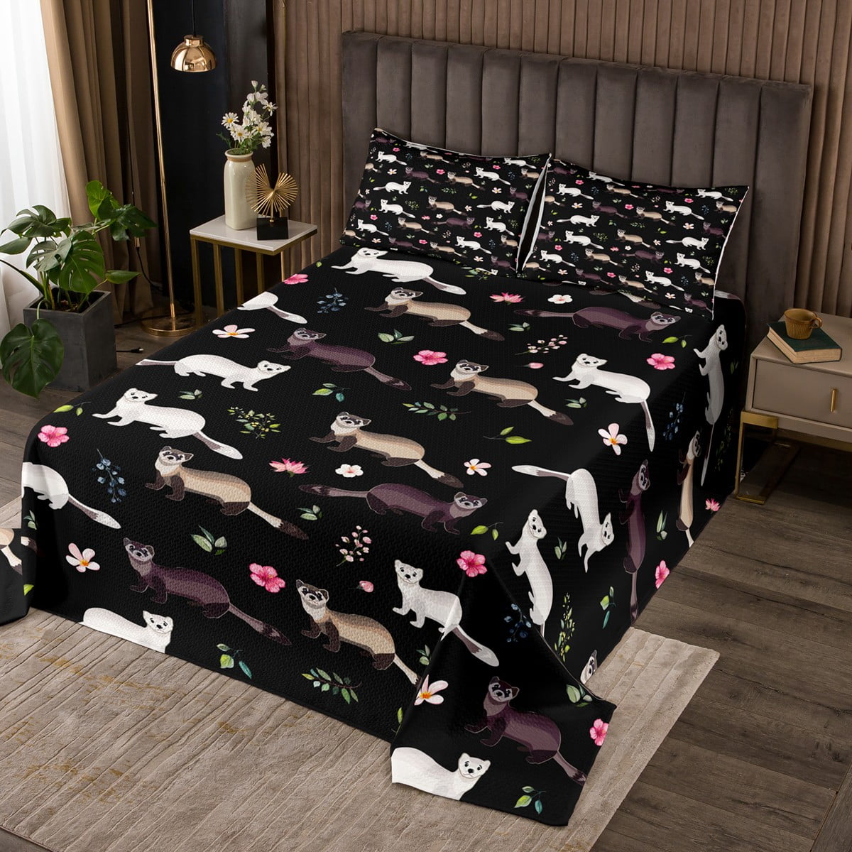 YST Cute Ferret Bedspread Queen Size Pink Cherry Blossoms Quilt Set for
