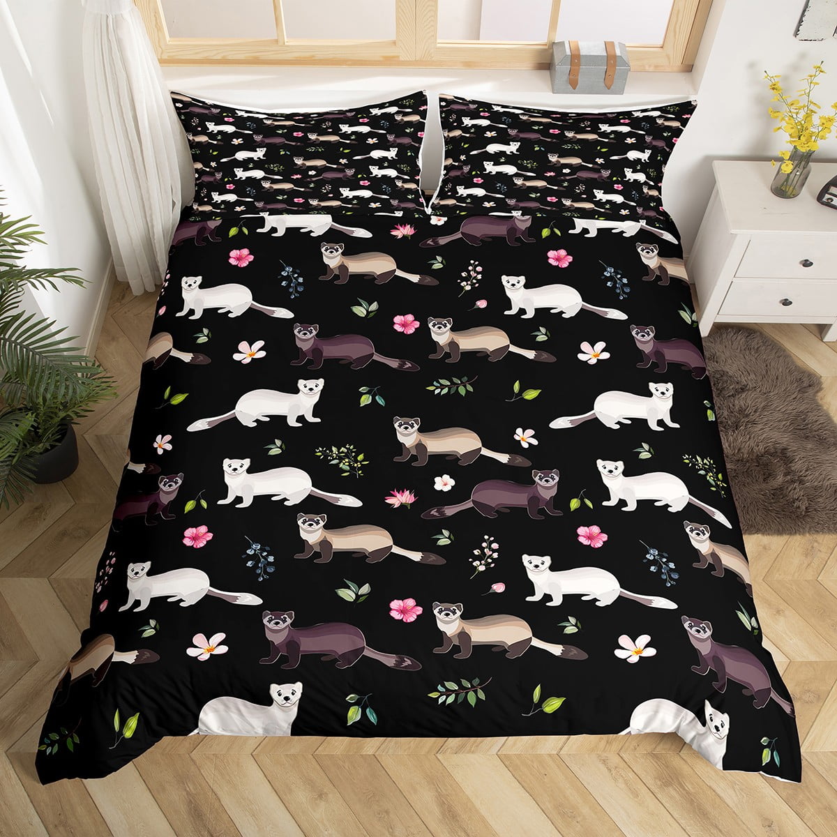YST Cute Ferret Duvet Cover Queen Pink Cherry Blossoms Bedding Sets for