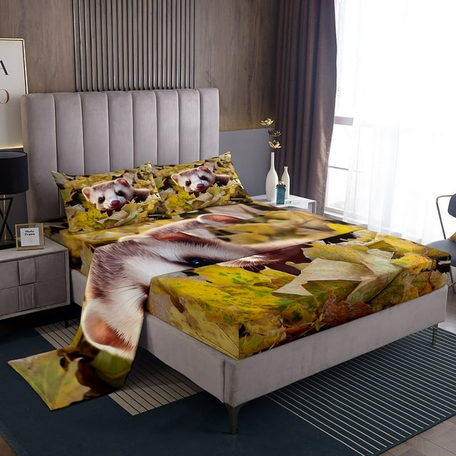 Cute Ferret Sheet Set Cute Wild Animal Bed Sheets Set 3D Print Animal Sheets, Lovely Furry Animal with Botanical Leaves Flat Fitted Sheet Adults Teens, King