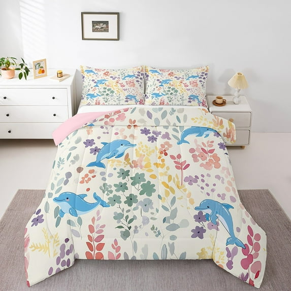 Cute Floral Dolphin Twin Comforter Set,Sea Ocean Animal Dolphin Bedding Set,Colorful Flower Leaf Plant Quilt Bed Set Coastal Nautical Bed Comforter