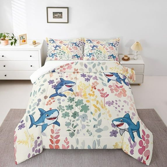Cute Floral Shark Twin Bedding Set,Ocean Sea Animal Shark Comforter Set,Colorful Flower Leaf Plant Quilt Bed Set Nautical Marine Life Bed Comforter