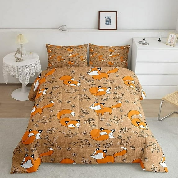 Cute Fox Comforter Set for Teens Orange Fox Bedding Set Animals Bedding Home Decor Comforter Plants Floral Quilted Duvet Set