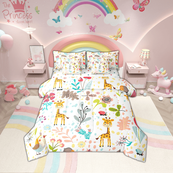 Cute Giraffe Bed In A Bag With Sheets Cartoon Giraffe Comforter Set 7 Piece Full Kawaii Floral Zoo Animal Bedding Set Woodland Leaves Wildlife Sheet Set