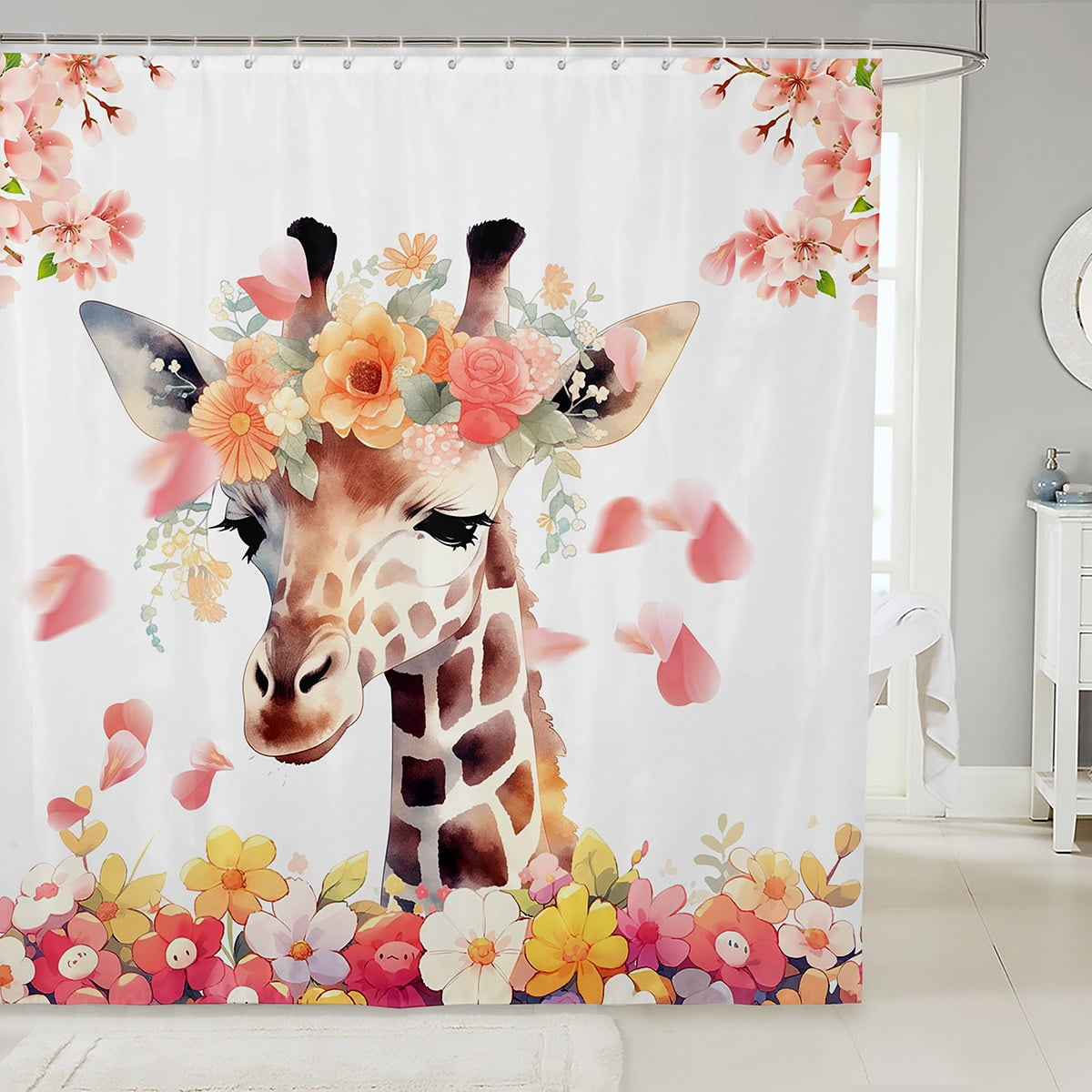 YST Cute Giraffe Fabric Shower Curtain Watercolor Pink Rose Bathroom