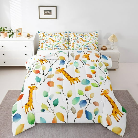 Cute Giraffe Twin Bedding Sets Hippie Floral Comforter Set, Chic Flower Bedding Comforter Sets Watercolor Leaves Duvet Insert, Woodland Wildlife Down Comforter