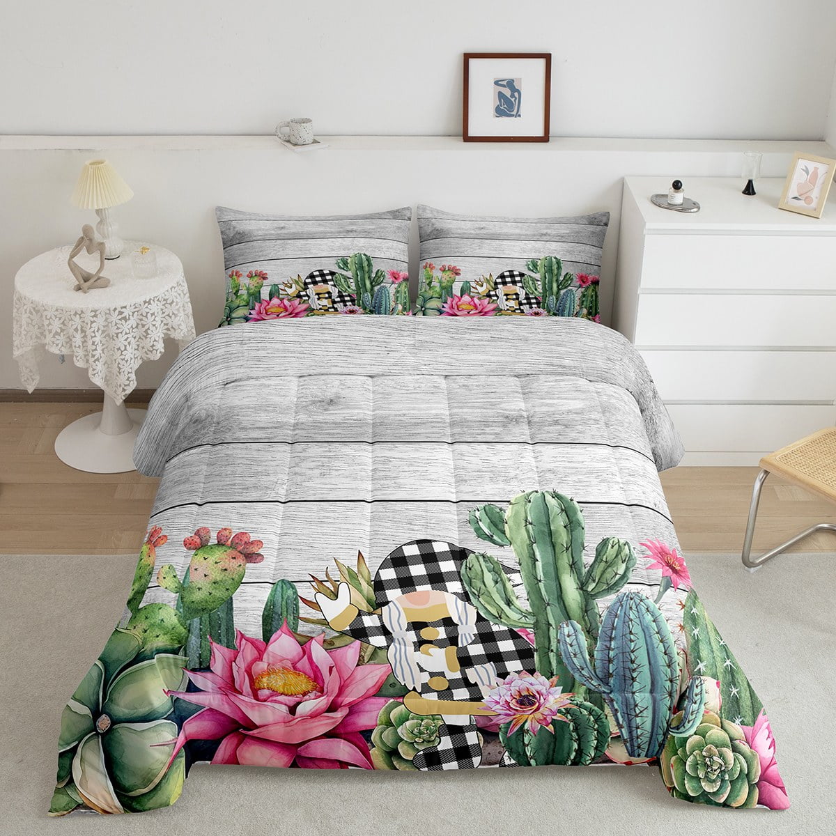 YST Cute Gnomes Comforter for Kids Boys Girls,Spring Cactus Flower
