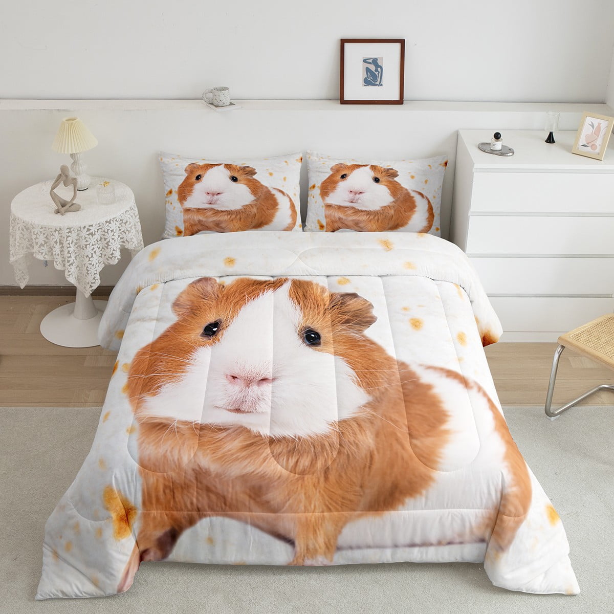 YST Cute Guinea Pig Bedding Set Queen Brown White Comforter Set