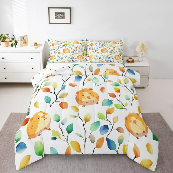 Cute Guinea Pig Twin Bedding Sets Hippie Floral Comforter Set, Chic Flower Bedding Comforter Sets Watercolor Leaves Duvet Insert, Cartoon Hamster Down Comforter