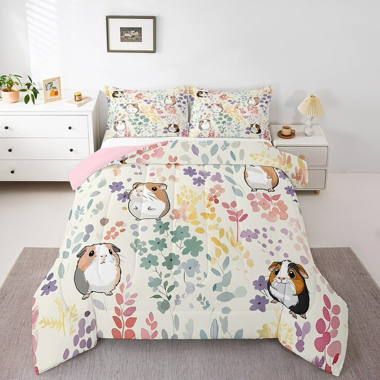 Cute Guinea Pig Twin Comforter Set,Rainbow Floral Guinea Pig