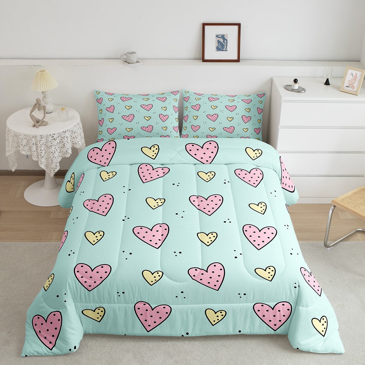 YST Cute Heart Comforter Set Yellow and Pink Love Bedding for Girls ...