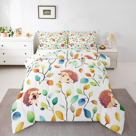 Cute Hedgehog Comforter Set Boho Floral Bedding Set, Colorful Leaves Down Comforter Abstract Watercolor Plant Bed Set, Wild Animal Quilted Duvet