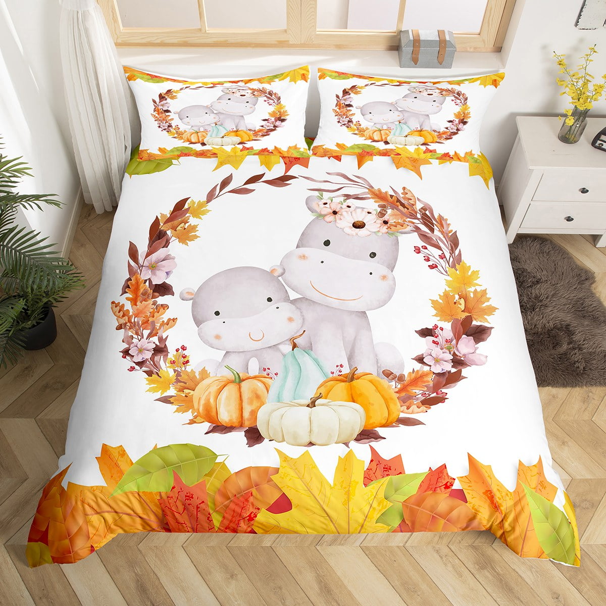 YST Cute Hippo Duvet Cover Fall Bedding Twin Animal Themed Comforter Cover Colorful Maple Leaves Bed Sets Autumn Pumpkin Quilt Cover Pink Cherry