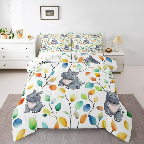 Cute Hippo Twin Bedding Sets Hippie Floral Comforter Set, Chic Flower Bedding Comforter Sets Watercolor Leaves Duvet Insert, Woodland Wildlife Down Comforter