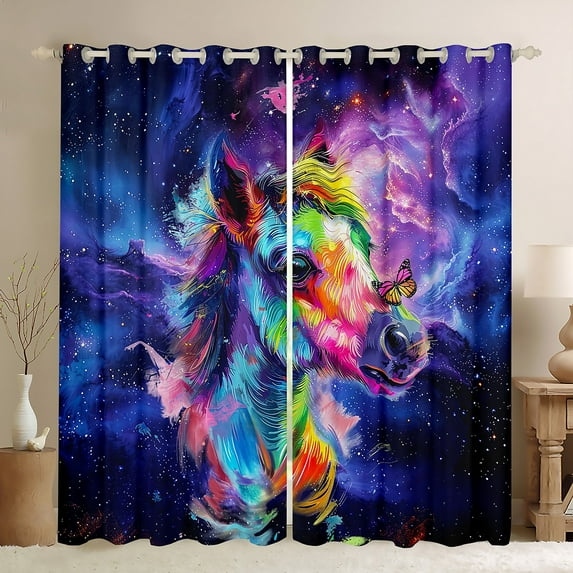 Cute Horse 30%-50% Blackout Curtains Purple Galaxy Curtains, Chic Butterfly Curtains & Drapes Farm Animal Living Room Curtains, Univers Glitter Stars Window Curtains