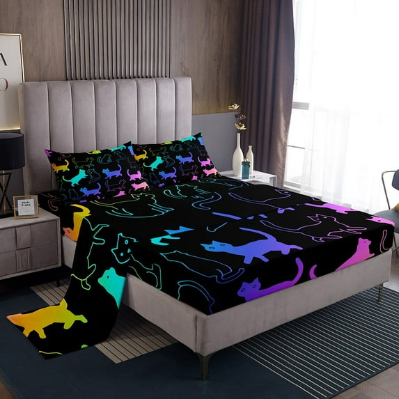Cute Kitten Cat Sheet Set Cartoon Pet Animal Bed Sheets Set, Ultra Soft 4Pcs, Flat Sheet + Fitted Sheet + Pillowcase, Black