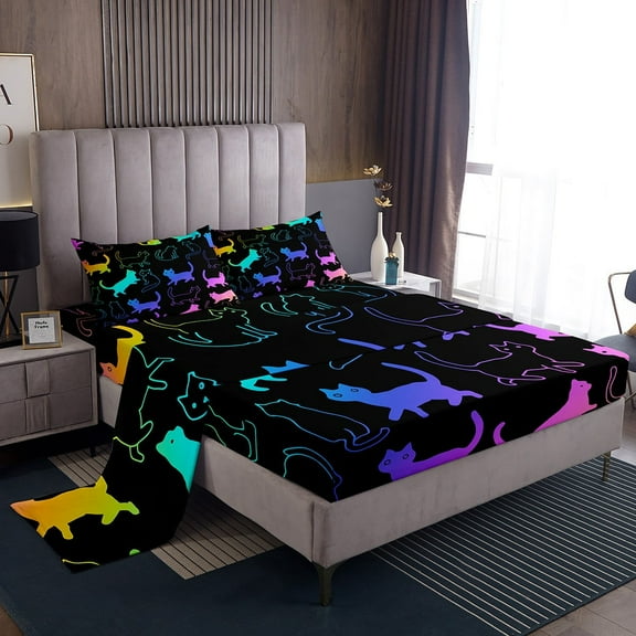Cute Kitten Cat Sheet Set Cartoon Pet Animal Bed Sheets Set, Ultra Soft 4Pcs, Flat Sheet + Fitted Sheet + Pillowcase, Black