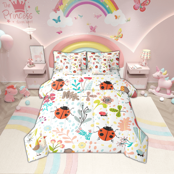 Cute Ladybug Full Size Comforter Set 7 Piece With Sheets Cartoon Red Ladybird Bed In A Bag Botanical Floral Insect Bedding Set Nature Kawaii Sheet Set With Comforter