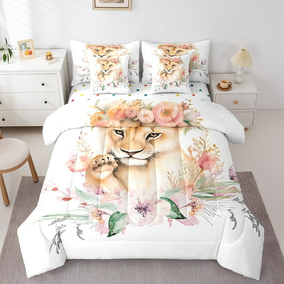 Cute Lion Bedding Twin Size 7pcs Kawaii Animal Comforter Set, Cartoon Woodland Wildlife Bedding Comforter Sets Pink Floral Bed in a Bag, Botanical Plants Flower Leaves Bedding Accessories