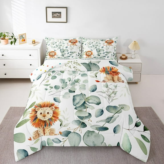 Erosebridal Cute Lion Bedding Twin Size Green Eucalyptus Comforter Set Twin, Woodland Animal Duvet Insert Plant Leaves Quilt Comforter, Cartoon Wildlife Bedding Comforters & Sets